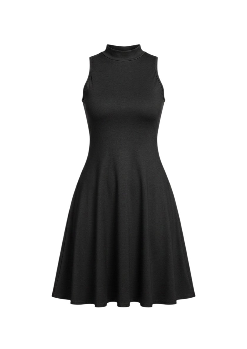 cottonandlily black sleeveless high neck mini dress in soft cotton jersey with a flattering A-line flared skirt