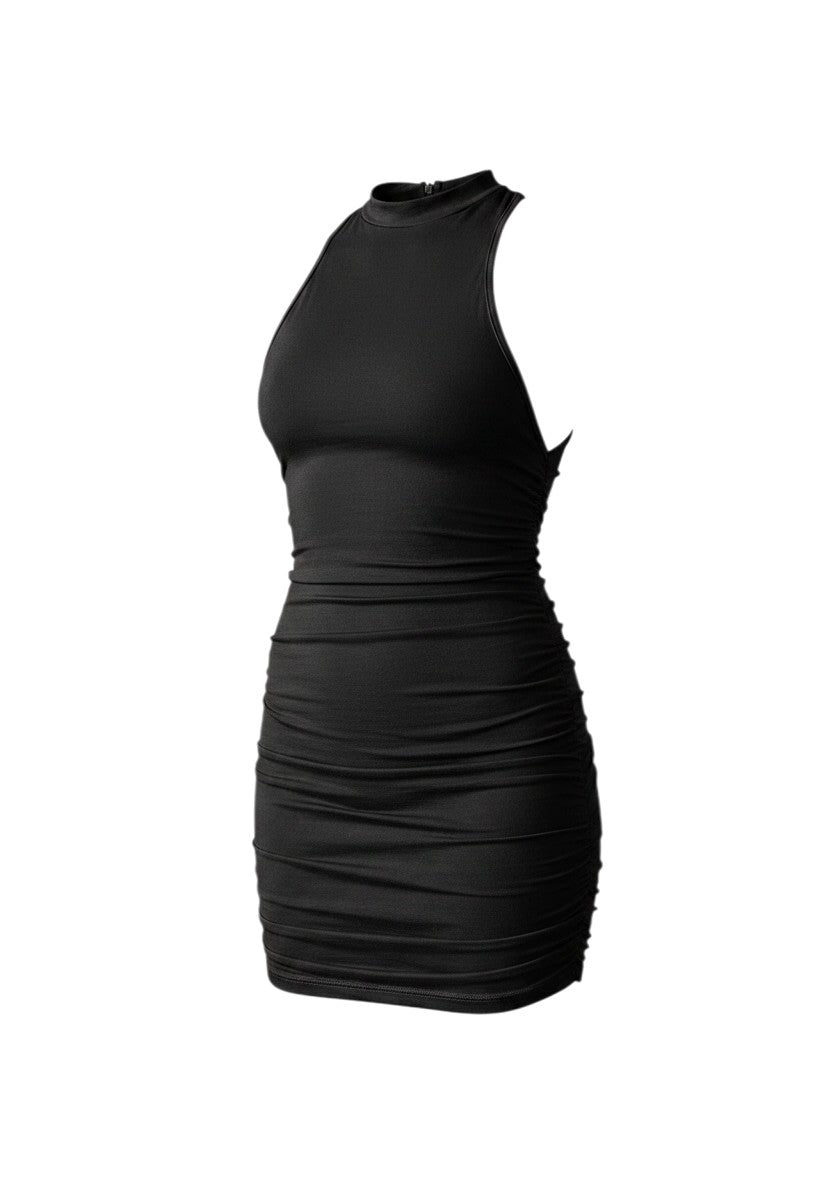 cottonandlily black sleeveless mini dress in cotton jersey with a high neck and form-fitting silhouette.
