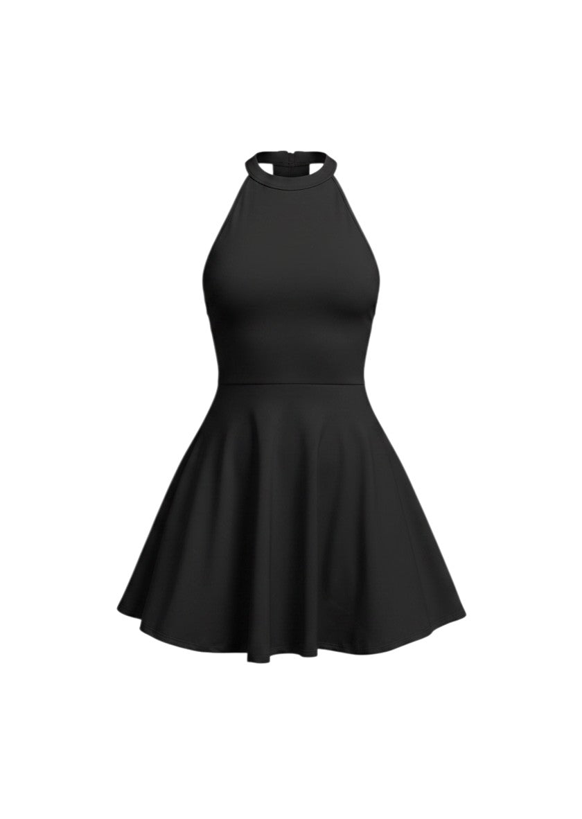 cottonandlily black sleeveless skater mini dress with a high neckline and flared skirt in a cotton blend jersey