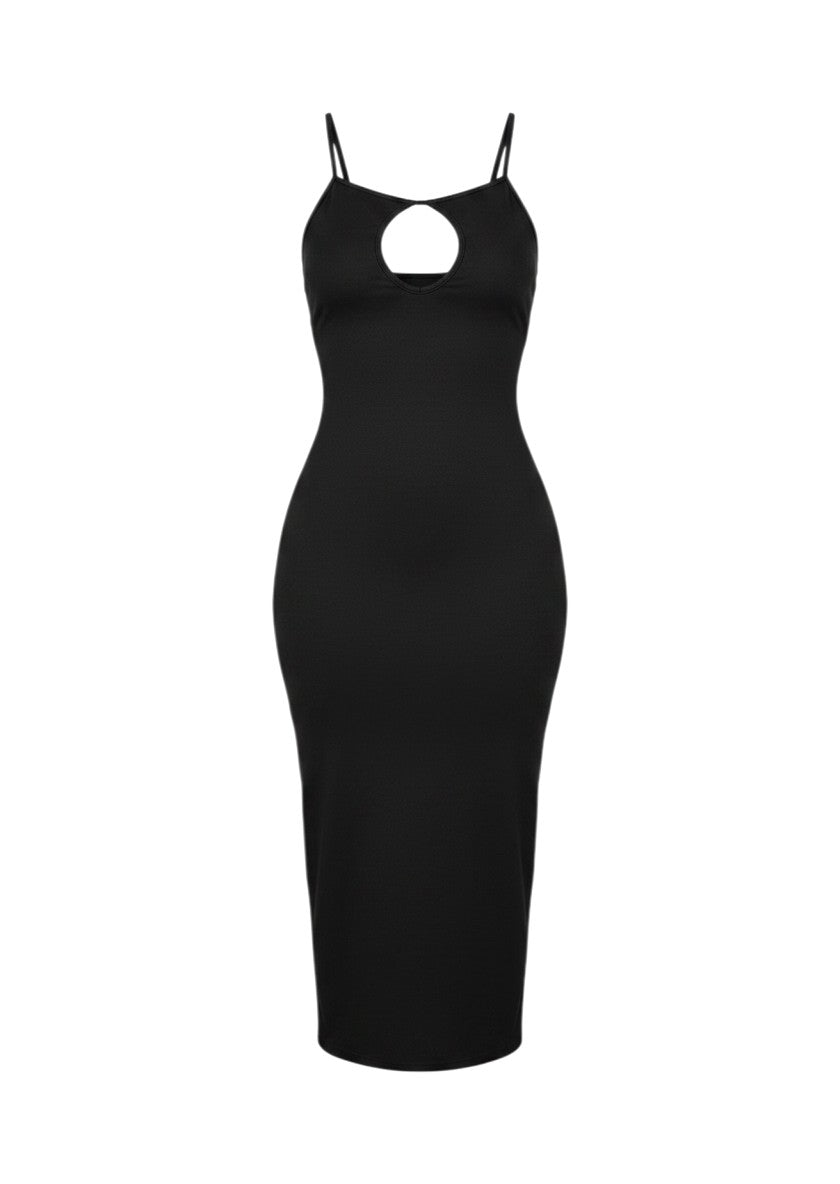 cottonandlily black bodycon midi dress with a front keyhole cutout and adjustable spaghetti straps.