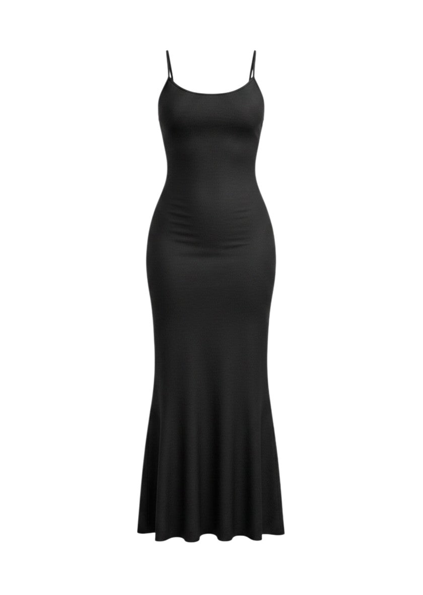cottonandlily black strappy mermaid maxi dress in a fitted cotton blend jersey with a round neckline
