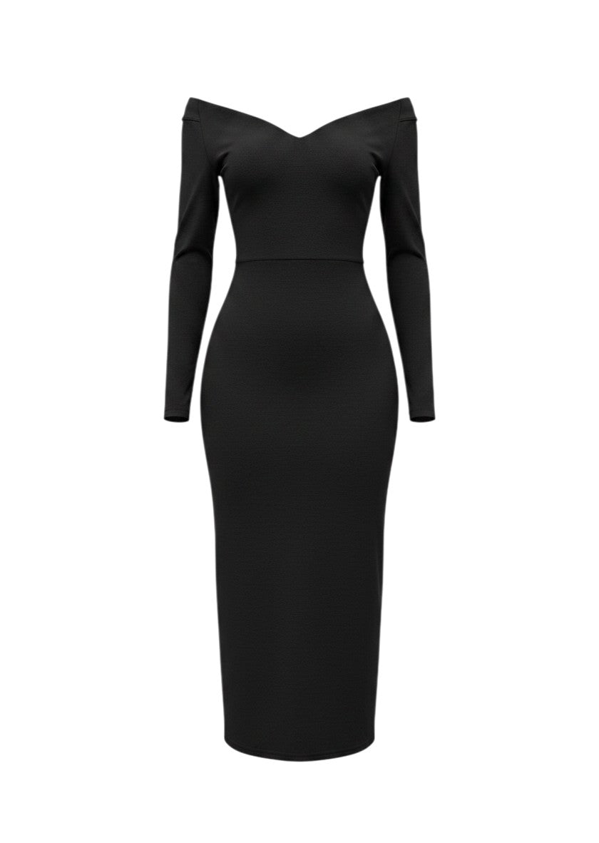 cottonandlily black long sleeve bodycon maxi dress with an off-the-shoulder neckline in soft cotton jersey fabric.