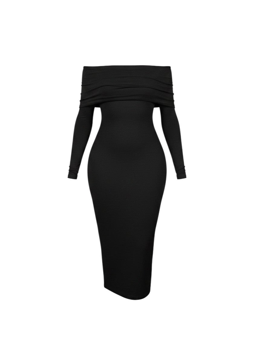 cottonandlily black off-the-shoulder bodycon midi dress in soft cotton jersey with long sleeves and fitted silhouette
