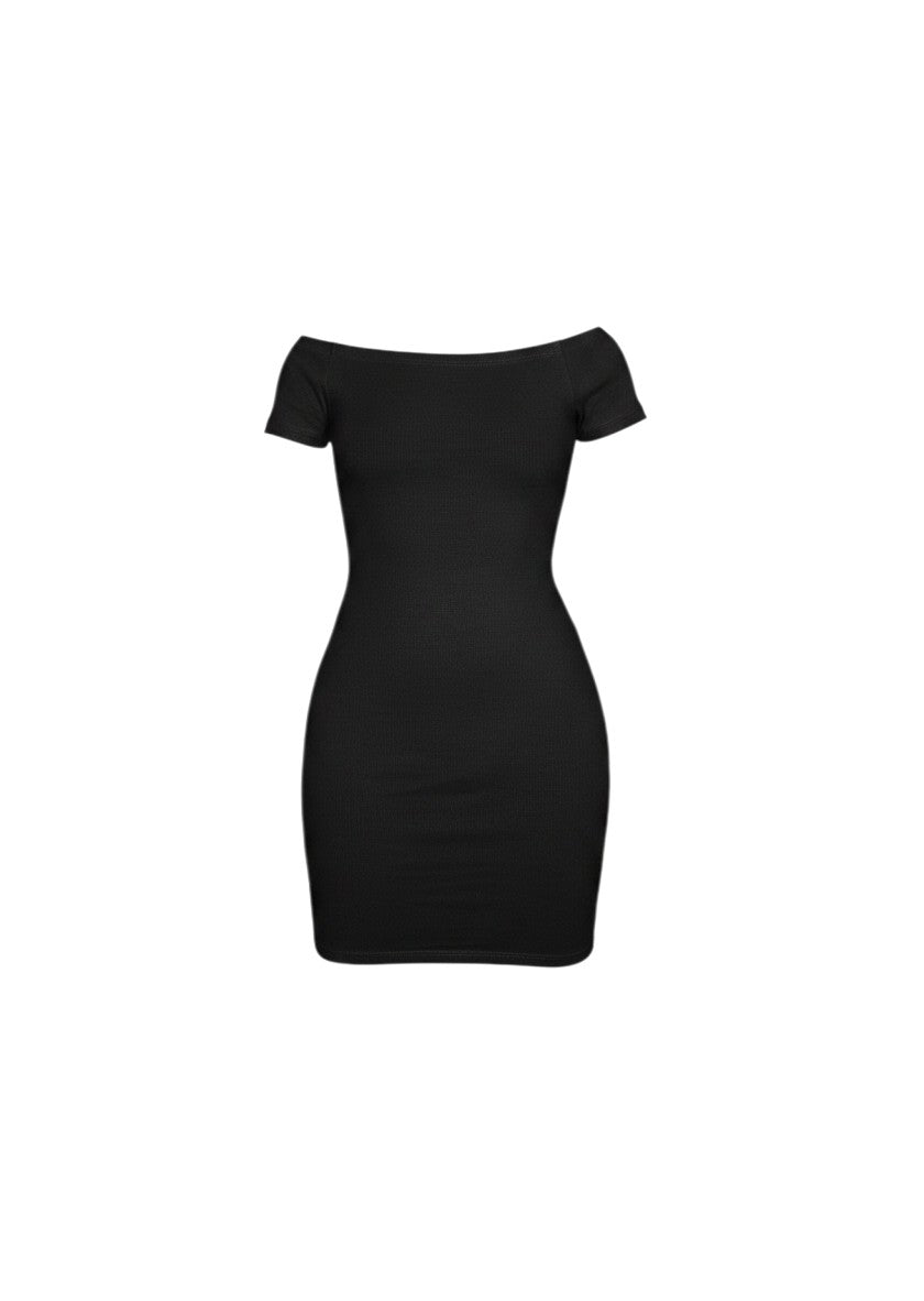 cottonandlily black off-the-shoulder bodycon mini dress in soft cotton jersey fabric with a fitted silhouette.