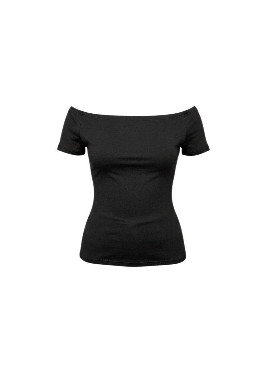 cottonandlily black cotton jersey off-the-shoulder top with short sleeves and a fitted hip-length silhouette.