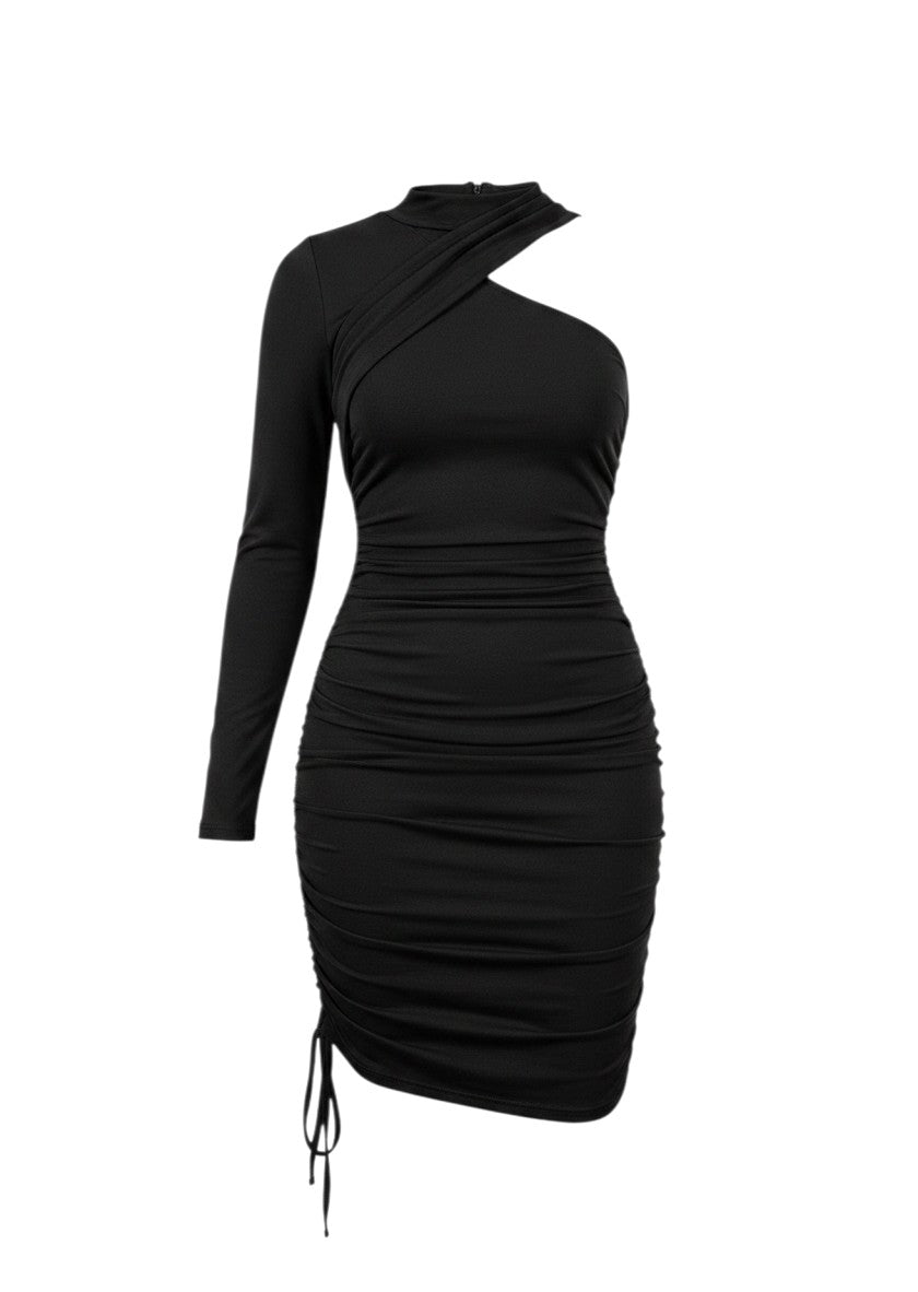 cottonandlily black one-shoulder mini bodycon dress with long sleeve and side ruching detail