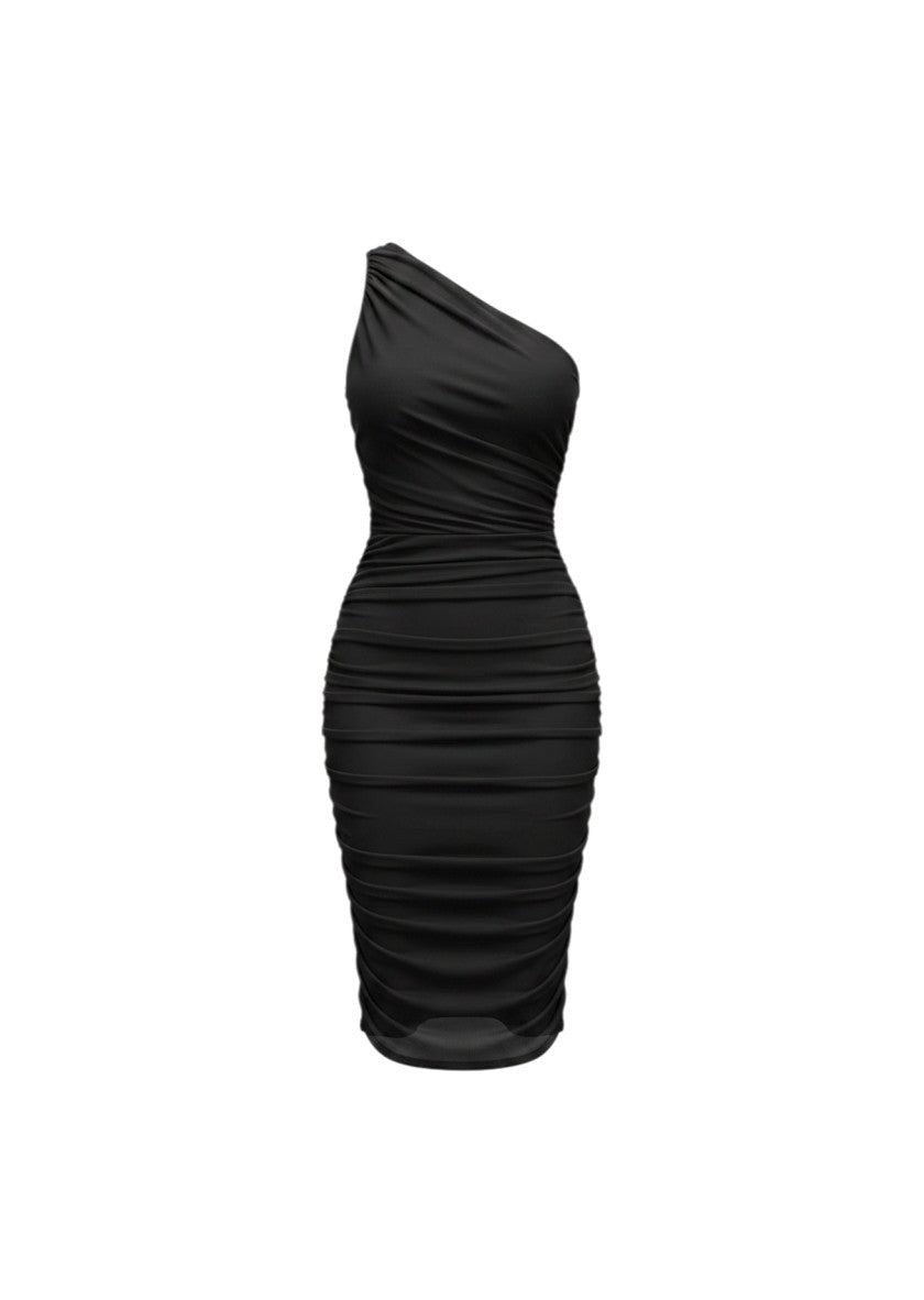 cottonandlily black one-shoulder midi dress with flattering ruched bodice and bodycon silhouette in stretchy fabric