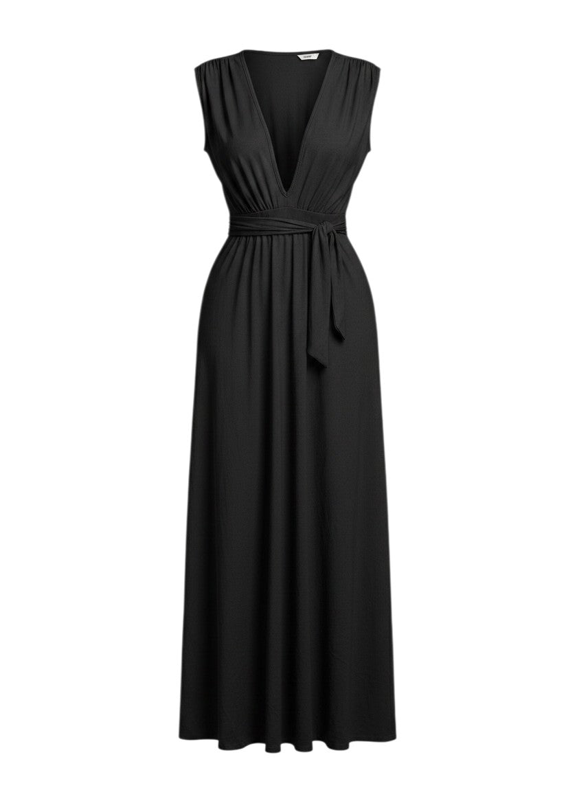 cottonandlily black sleeveless maxi dress with a deep plunge neckline, ruched shoulders, and an adjustable waist tie.