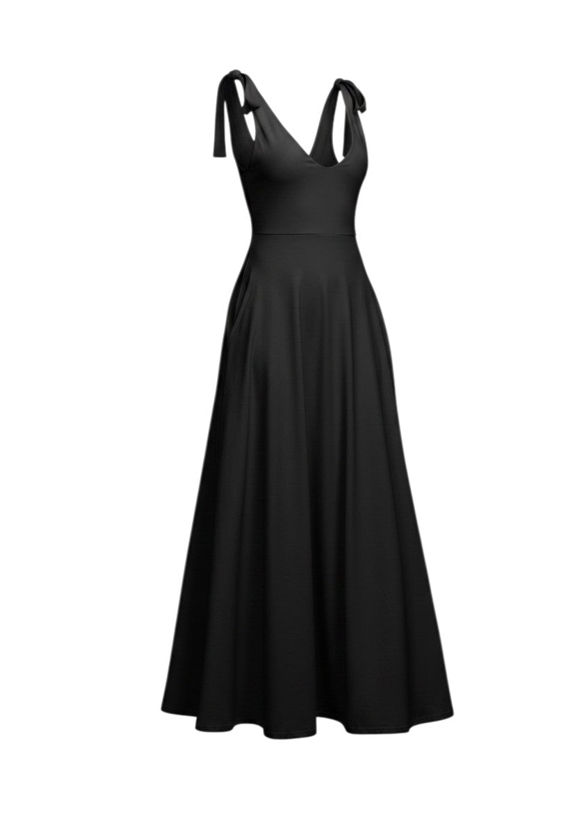cottonandlily black maxi dress with a plunging neckline, sleeveless tie straps, and side pockets in a-line silhouette.