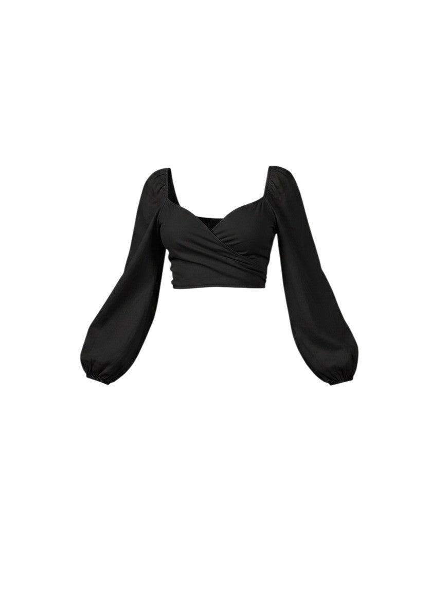 cottonandlily black cotton jersey wrap top featuring long puff sleeves and a flattering sweetheart neckline