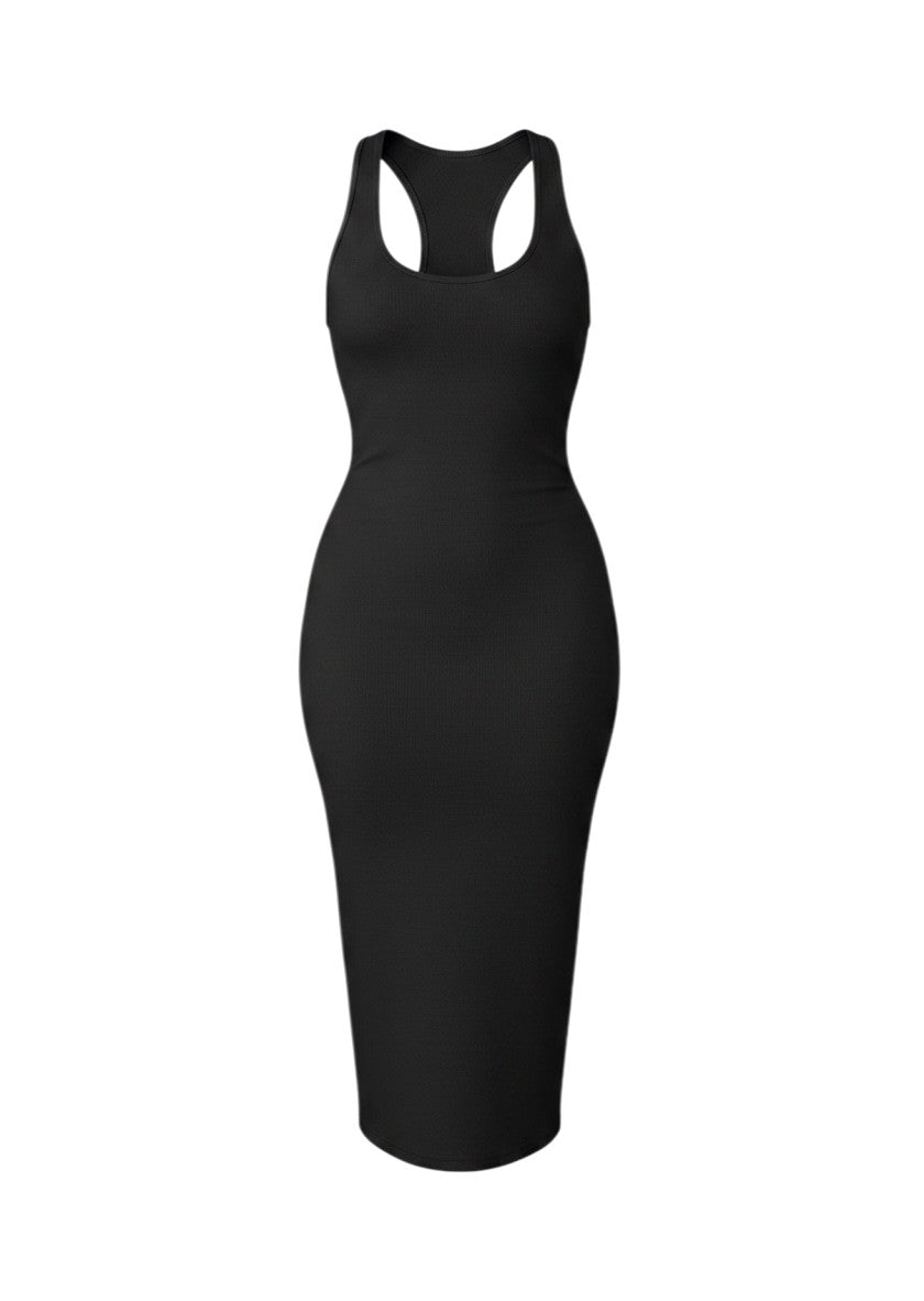 cottonandlily black cotton jersey racerback midi dress with a form-fitting bodycon silhouette and round neckline.