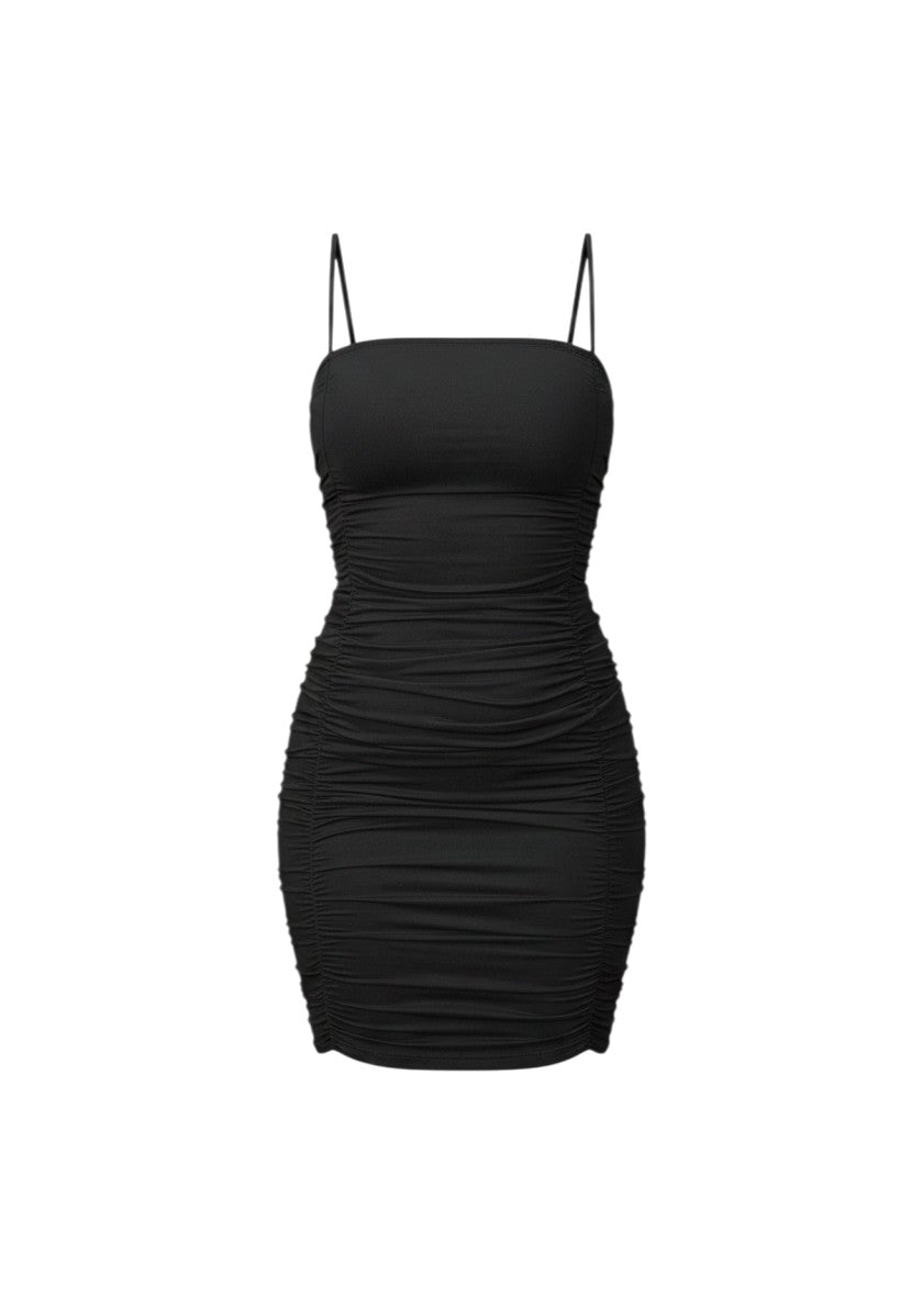 cottonandlily black strappy bodycon mini dress with all-over ruched detailing and thin spaghetti straps