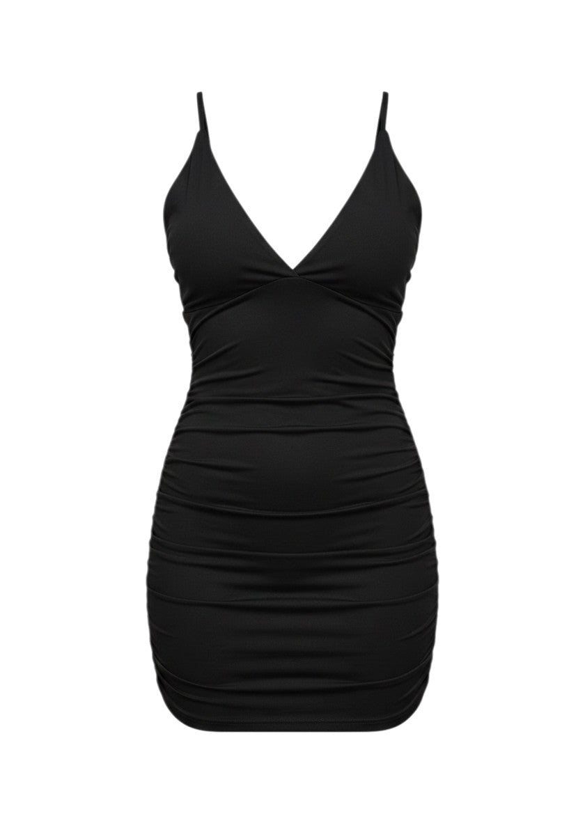 cottonandlily black cotton jersey mini dress with a plunge neckline and ruched bodycon silhouette.