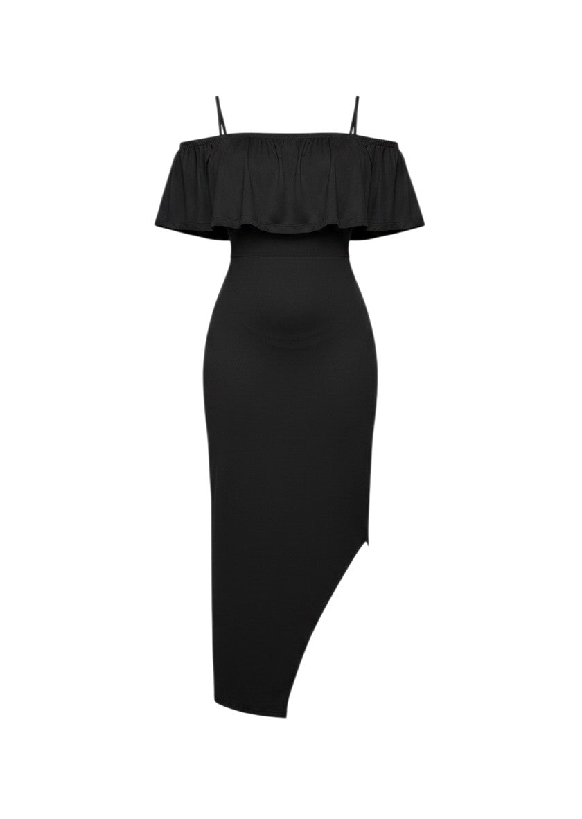 cottonandlily black bodycon midi dress with off-the-shoulder ruffle sleeves and a dramatic side slit