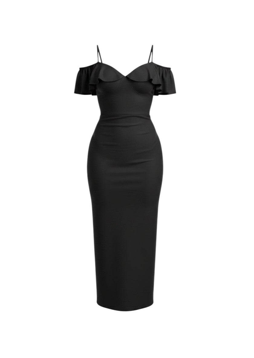 cottonandlily black maxi dress with ruffled off-the-shoulder sleeves and a fitted silhouette.