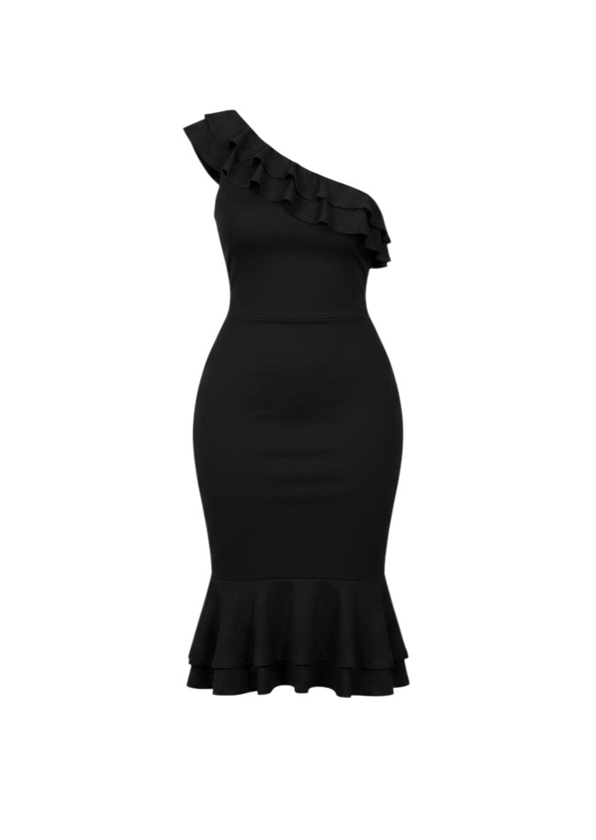 cottonandlily black one-shoulder midi bodycon dress with ruffled neckline and mermaid hem in brushed polyester blend