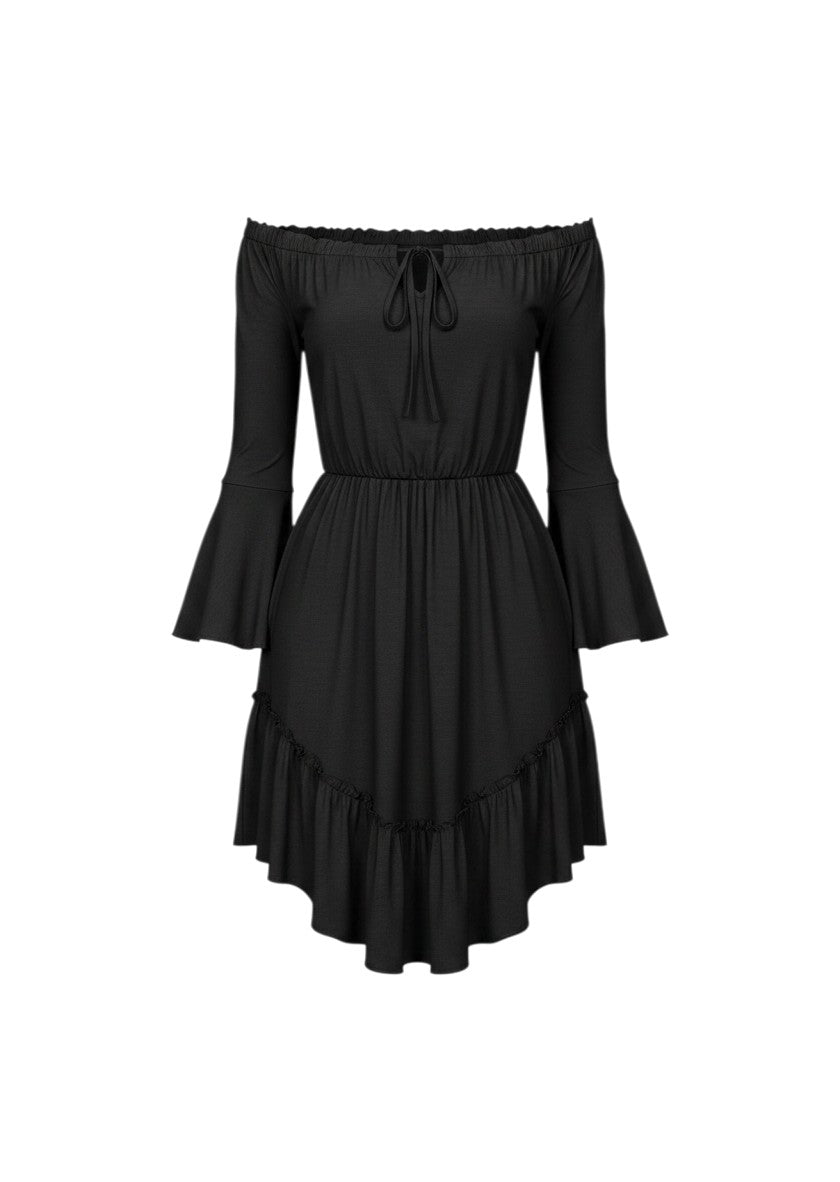 cottonandlily black off-the-shoulder skater mini dress with 3/4 bell sleeves and an asymmetrical ruffled hemline.