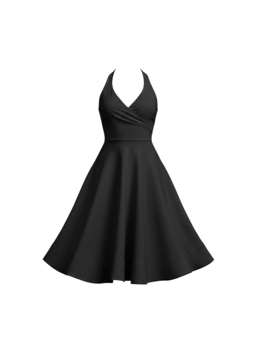 cottonandlily black sleeveless skater midi dress with a sweetheart neckline and functional pockets in cotton blend