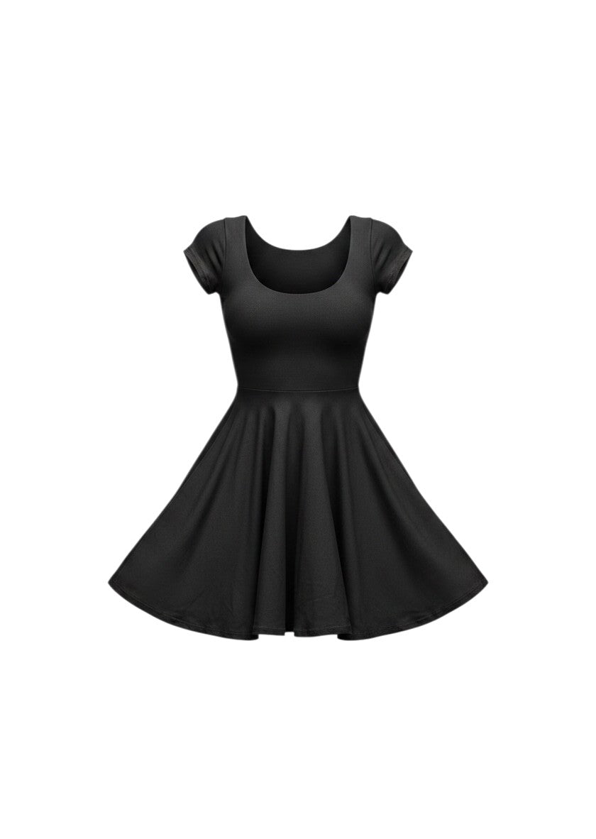 cottonandlily black skater mini dress with scoop neckline, short sleeves, and flared skirt in soft jersey fabric.