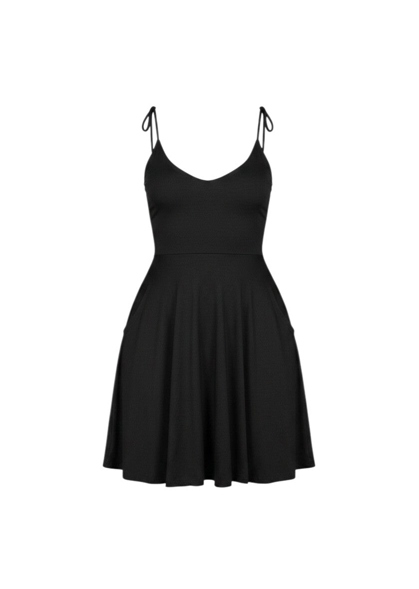 cottonandlily black skater mini dress with adjustable shoulder ties and side pockets in cotton jersey blend