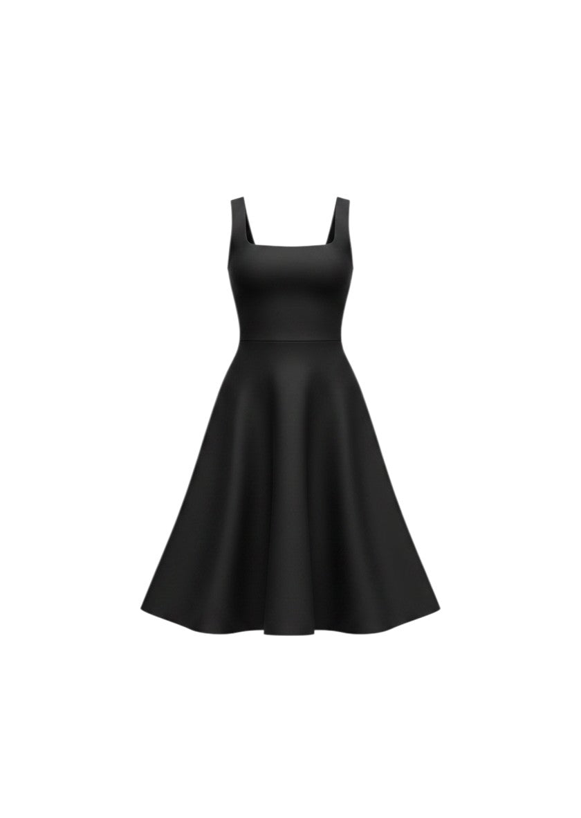 cottonandlily black sleeveless midi dress with a square neckline and a flattering A-line silhouette.