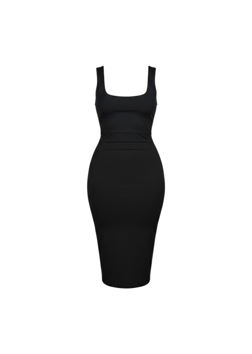 cottonandlily black sleeveless bodycon midi dress with a square neckline in brushed polyester spandex blend