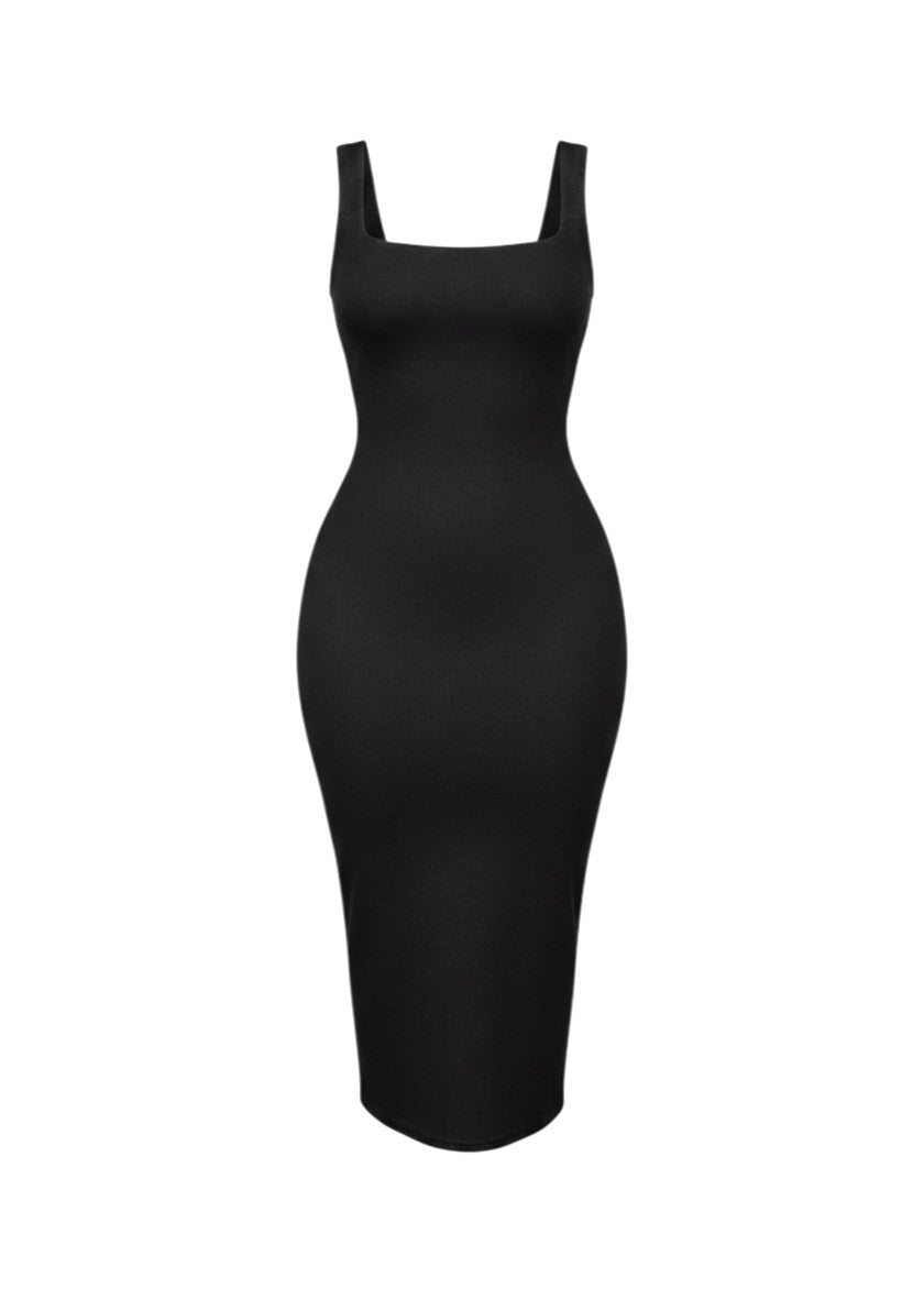 cottonandlily black bodycon midi dress with a square neckline and fitted silhouette in brushed polyester blend