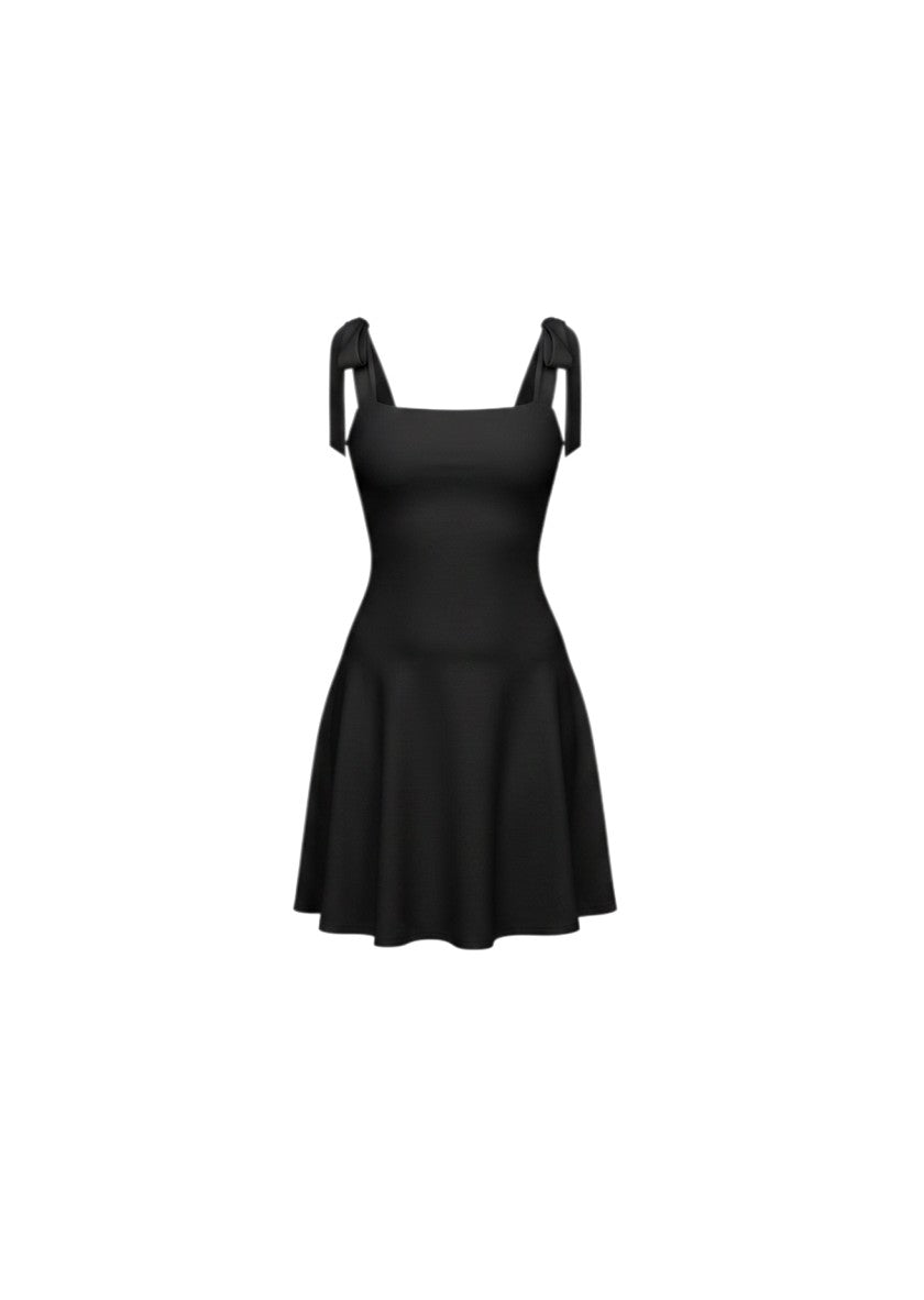 cottonandlily black mini dress with a square neckline, sleeveless design, and adjustable tie straps in A-line cut.