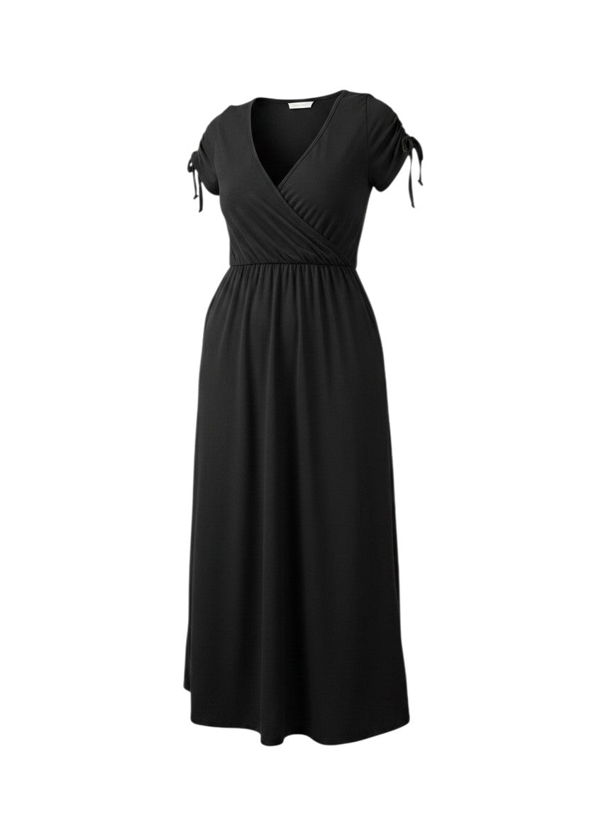 cottonandlily black surplice maxi dress with short ruched sleeves and tie details in a soft cotton blend jersey
