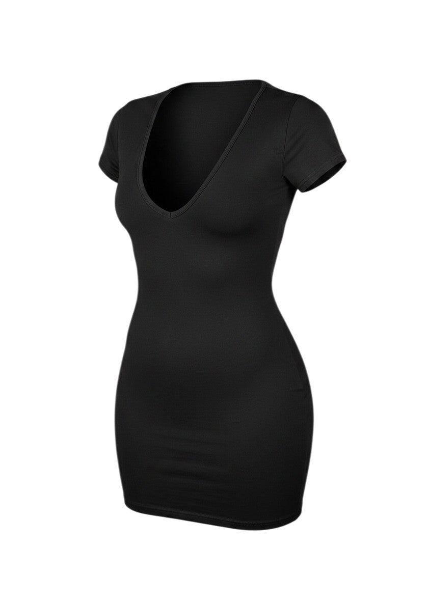 cottonandlily black cotton jersey bodycon mini dress with a deep V-neck and short sleeves