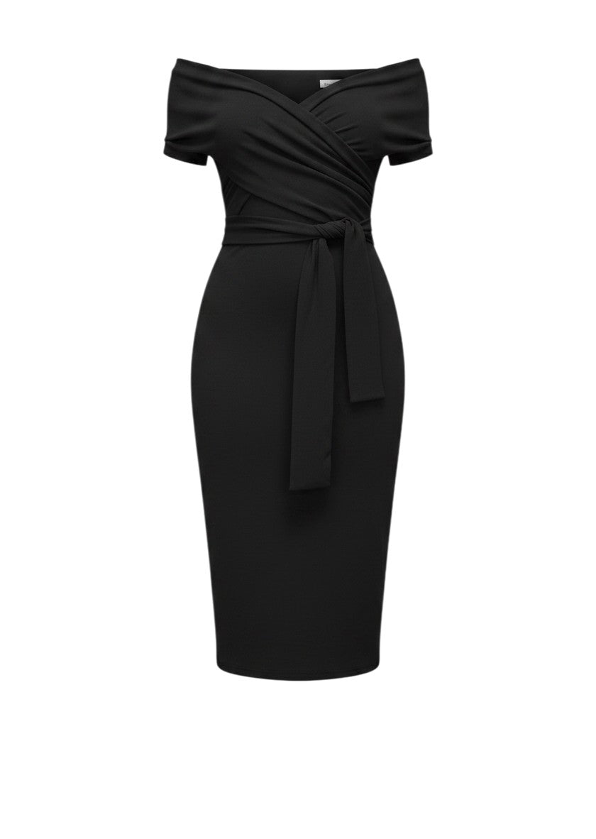 cottonandlily black faux shawl wrap bodycon midi dress with off-shoulder sleeves and a tie waist in cotton blend
