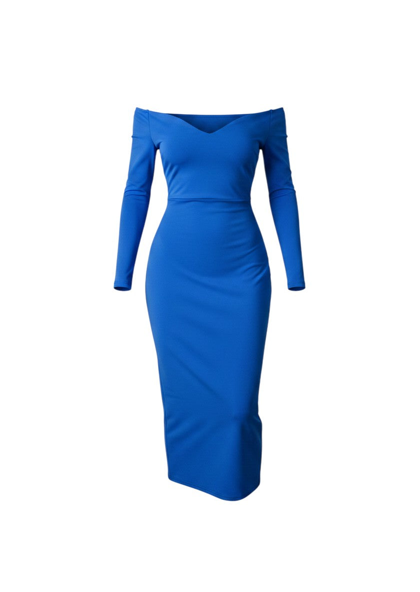 cottonandlily blue cotton jersey bodycon maxi dress with long sleeves and an elegant off-the-shoulder neckline