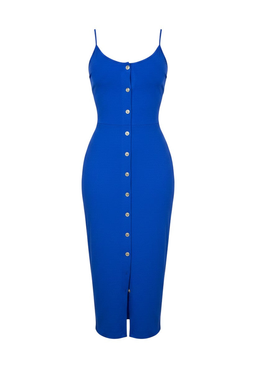 cottonandlily blue cotton jersey midi dress with spaghetti straps and a functional button-down front.