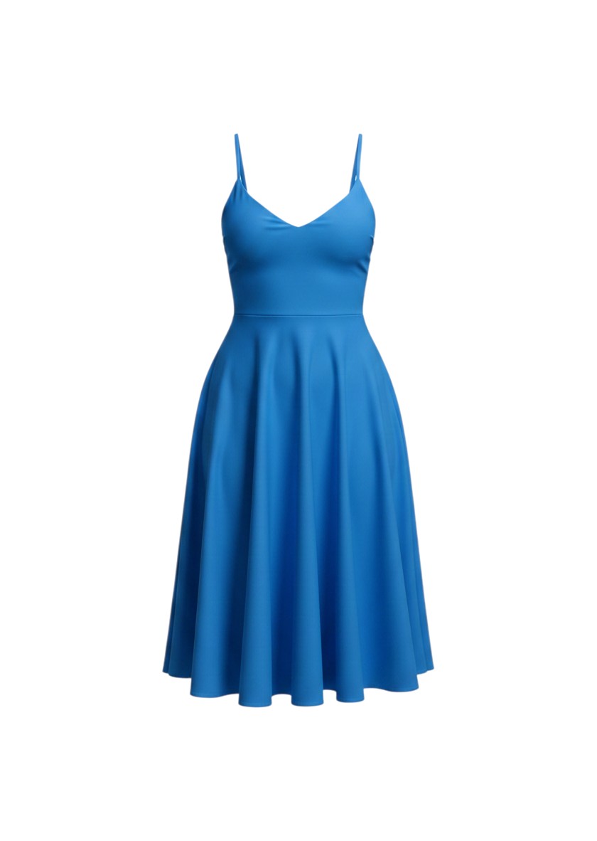 cottonandlily blue cotton jersey midi skater dress with spaghetti straps and a flared A-line skirt