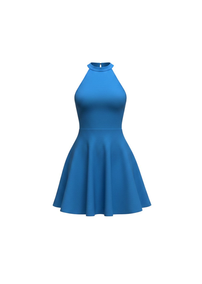 cottonandlily blue sleeveless skater mini dress with a high neckline and flared skirt in brushed polyester blend