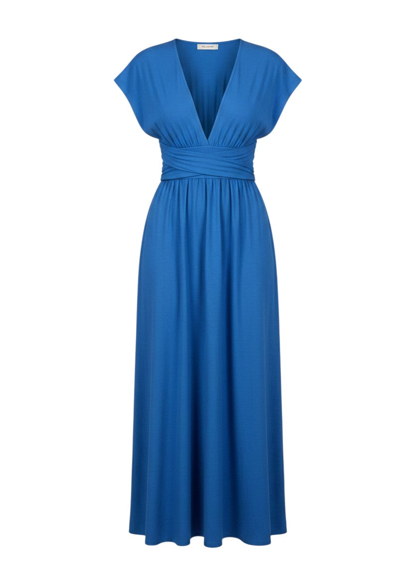 cottonandlily blue multi-way maxi dress with deep V-neck, cap sleeves, and functional pockets in soft jersey fabric.