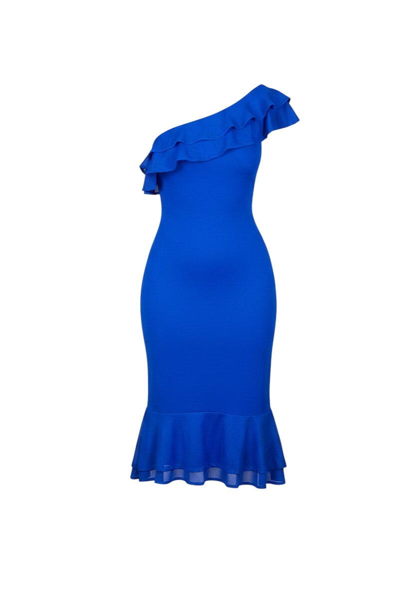 cottonandlily blue cotton jersey one-shoulder midi dress with ruffled neckline and mermaid hemline
