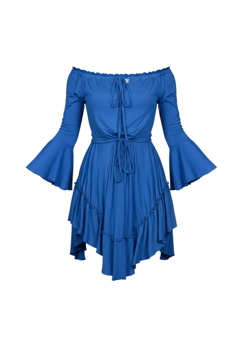 cottonandlily blue skater mini dress with off-the-shoulder neckline, ruffled hem, and flared 3/4 sleeves.