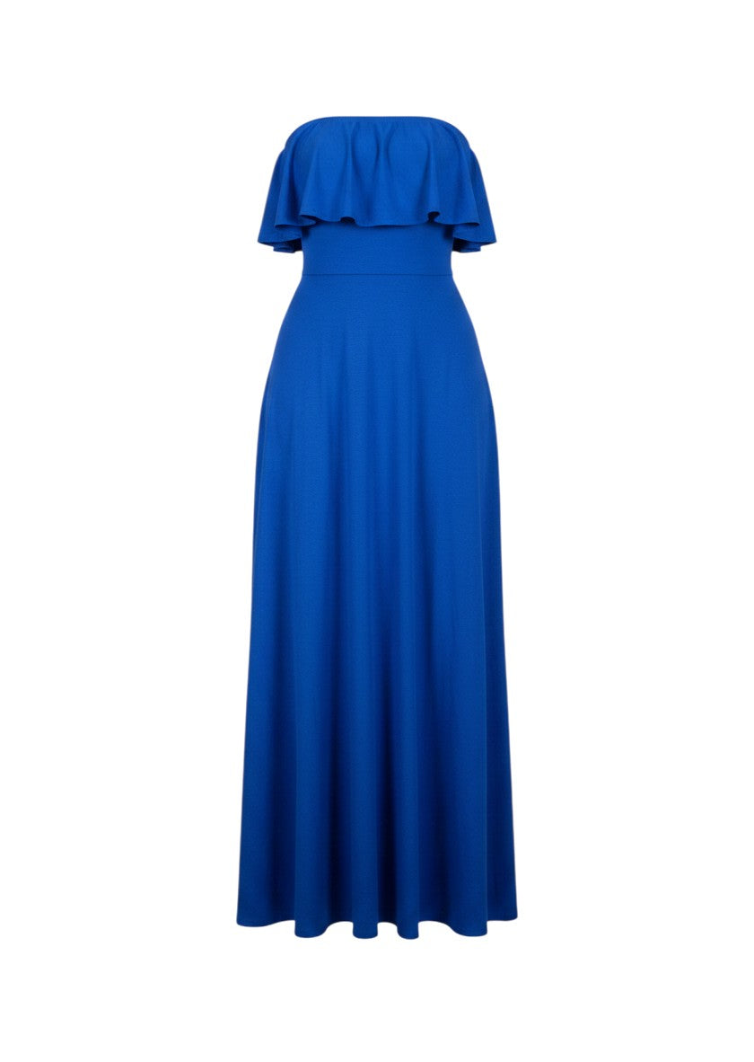 cottonandlily blue strapless maxi dress with ruffled neckline in soft cotton jersey blend fabric