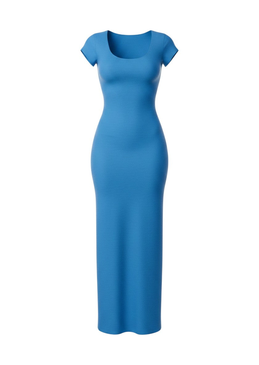 cottonandlily blue short sleeve maxi dress with a scoop neckline and fitted A-line silhouette in jersey fabric