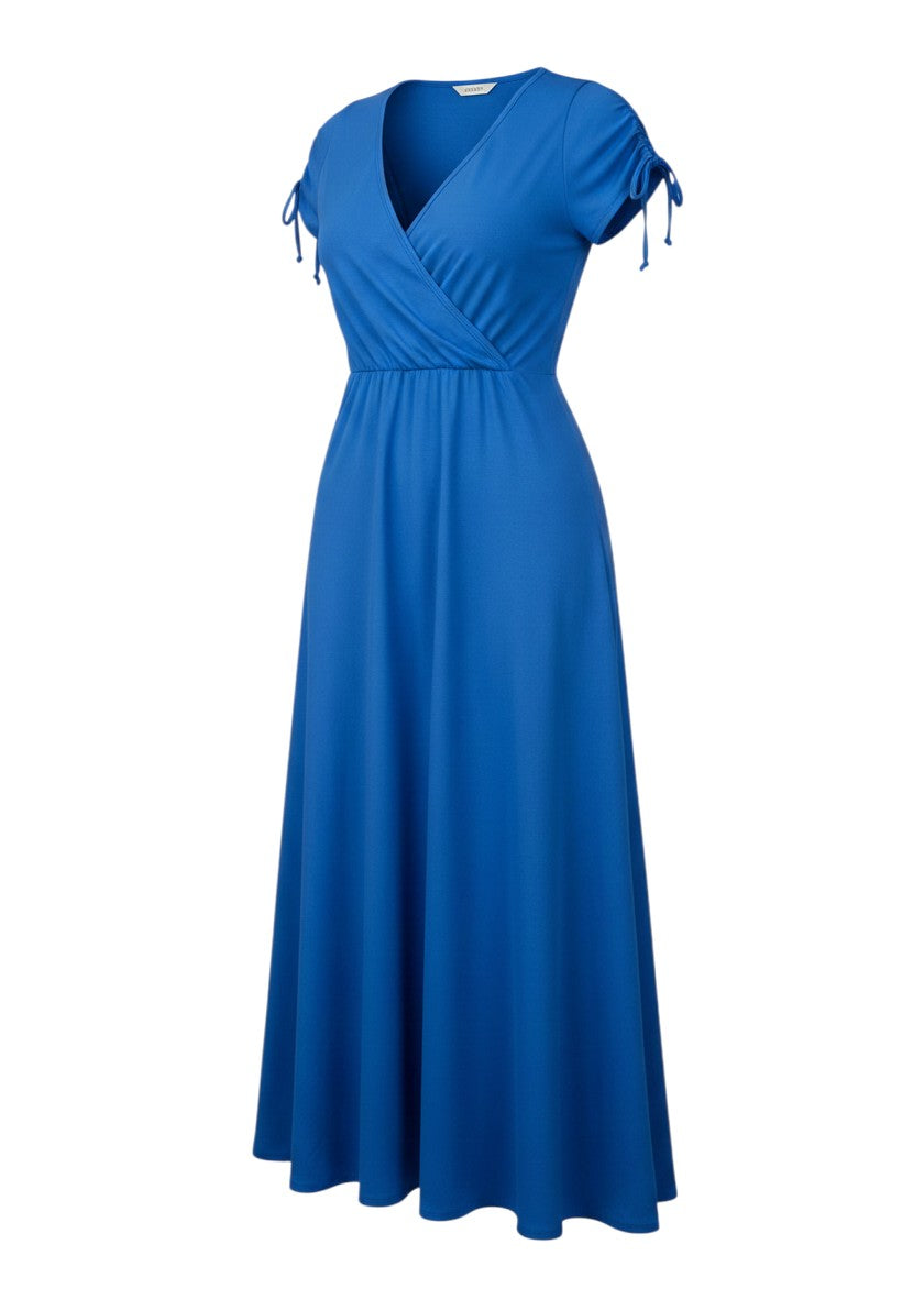 cottonandlily blue surplice maxi dress with short ruched sleeves and tie details in a soft cotton blend jersey