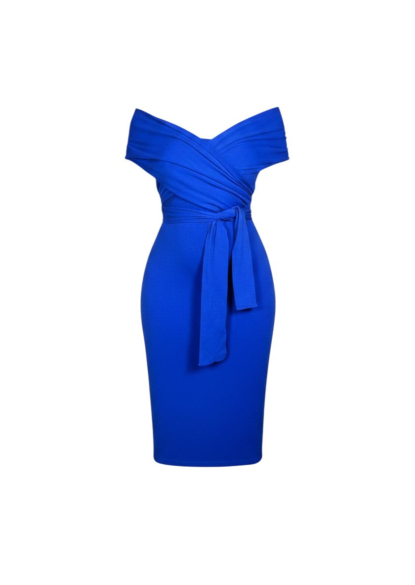 cottonandlily blue sleeveless bodycon midi dress with faux shawl wrap detail and tie waist in brushed polyester