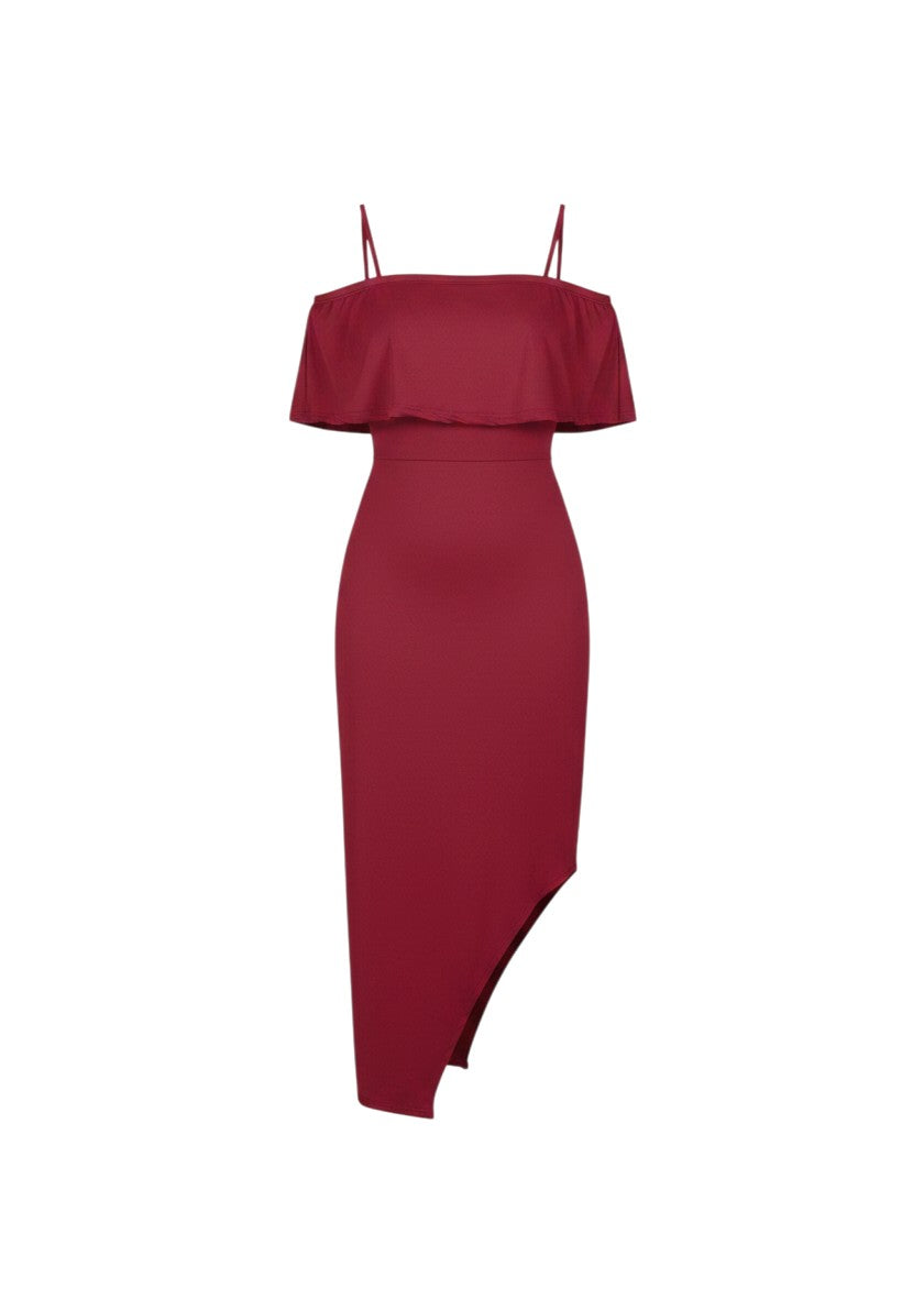 cottonandlily burgundy cotton jersey midi dress with ruffle off-the-shoulder neckline and side slit