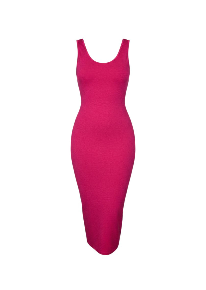 cottonandlily fuchsia pink sleeveless bodycon midi dress with a round neckline in a soft cotton blend jersey fabric