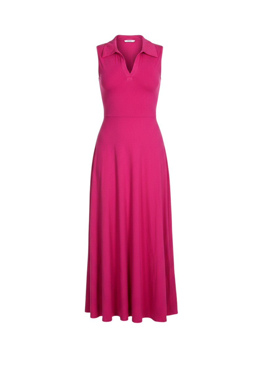 cottonandlily sleeveless fuchsia pink cotton jersey maxi dress with a structured collar and v-neckline