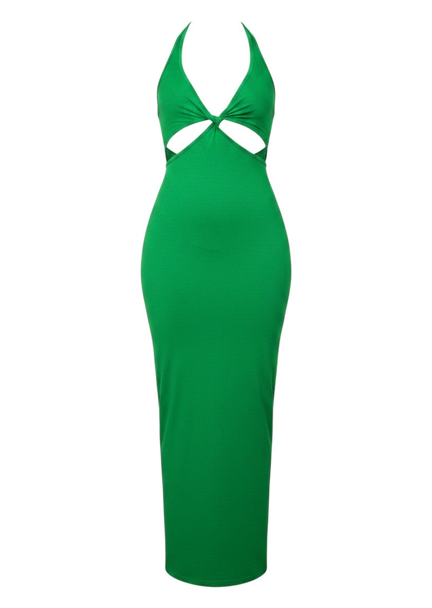 cottonandlily green bodycon maxi dress with a halter neckline and strategic waist cut-outs in a fitted silhouette.