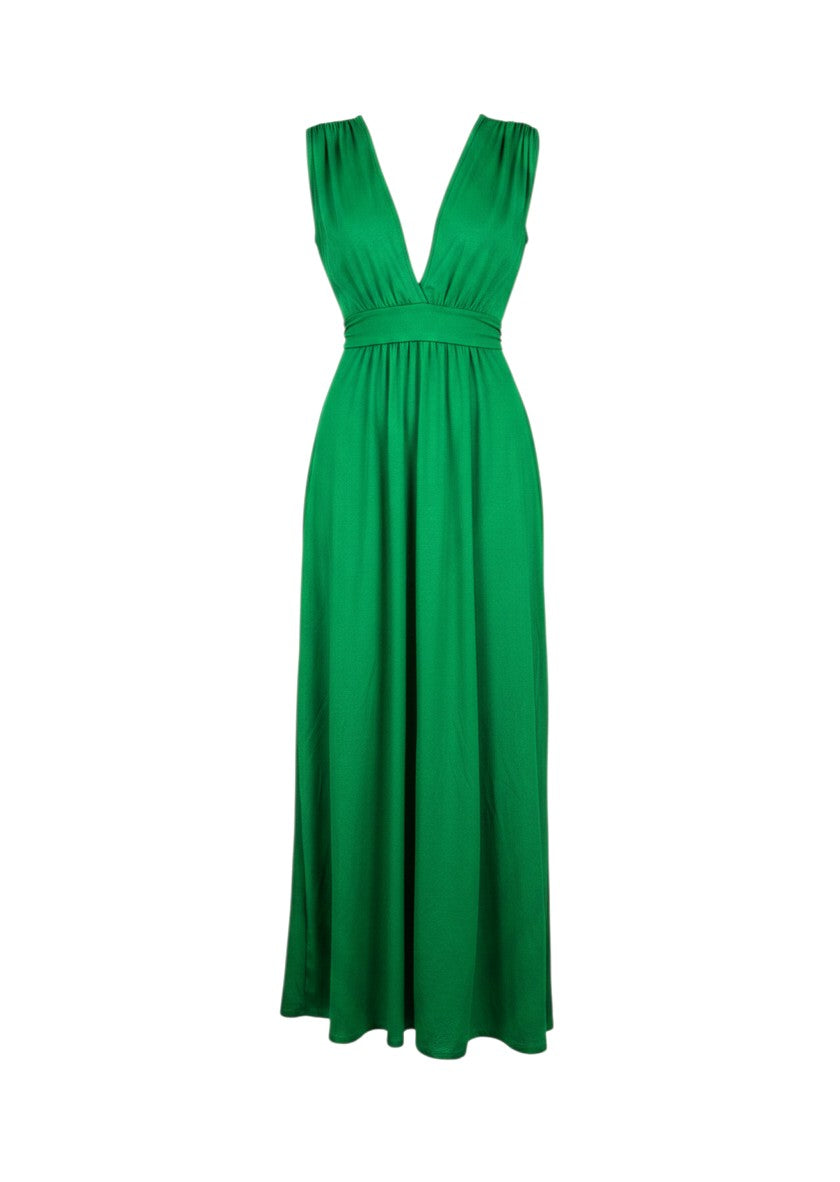 cottonandlily green sleeveless maxi dress with a deep plunge neckline, ruched shoulders, and an integrated waist belt.