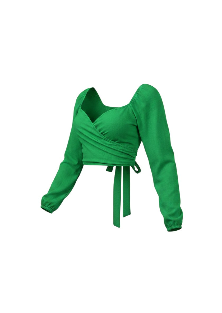 cottonandlily green wrap top with long puff sleeves and adjustable waist tie in a soft cotton blend fabric