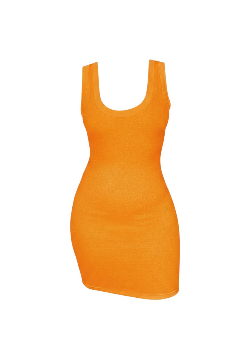 cottonandlily orange cotton jersey tank bodycon mini dress with a round neckline and sleeveless fitted silhouette