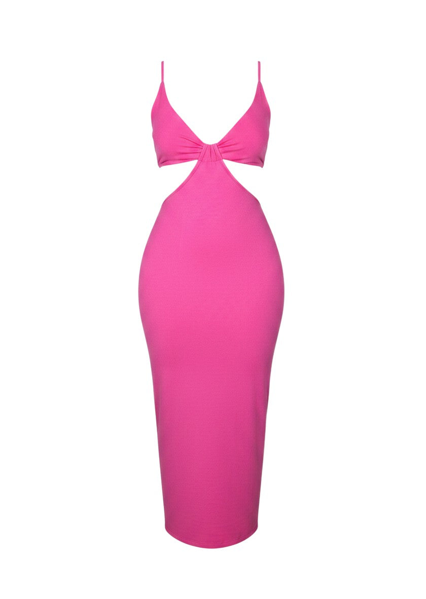 cottonandlily pink bodycon maxi dress with v-neck, adjustable straps, and side cut-out details in jersey fabric.